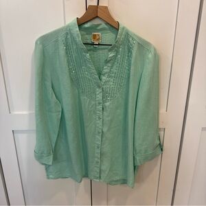 JM Collection Light mint Green Linen Button Down Shirt roll up sleeve sequin siz